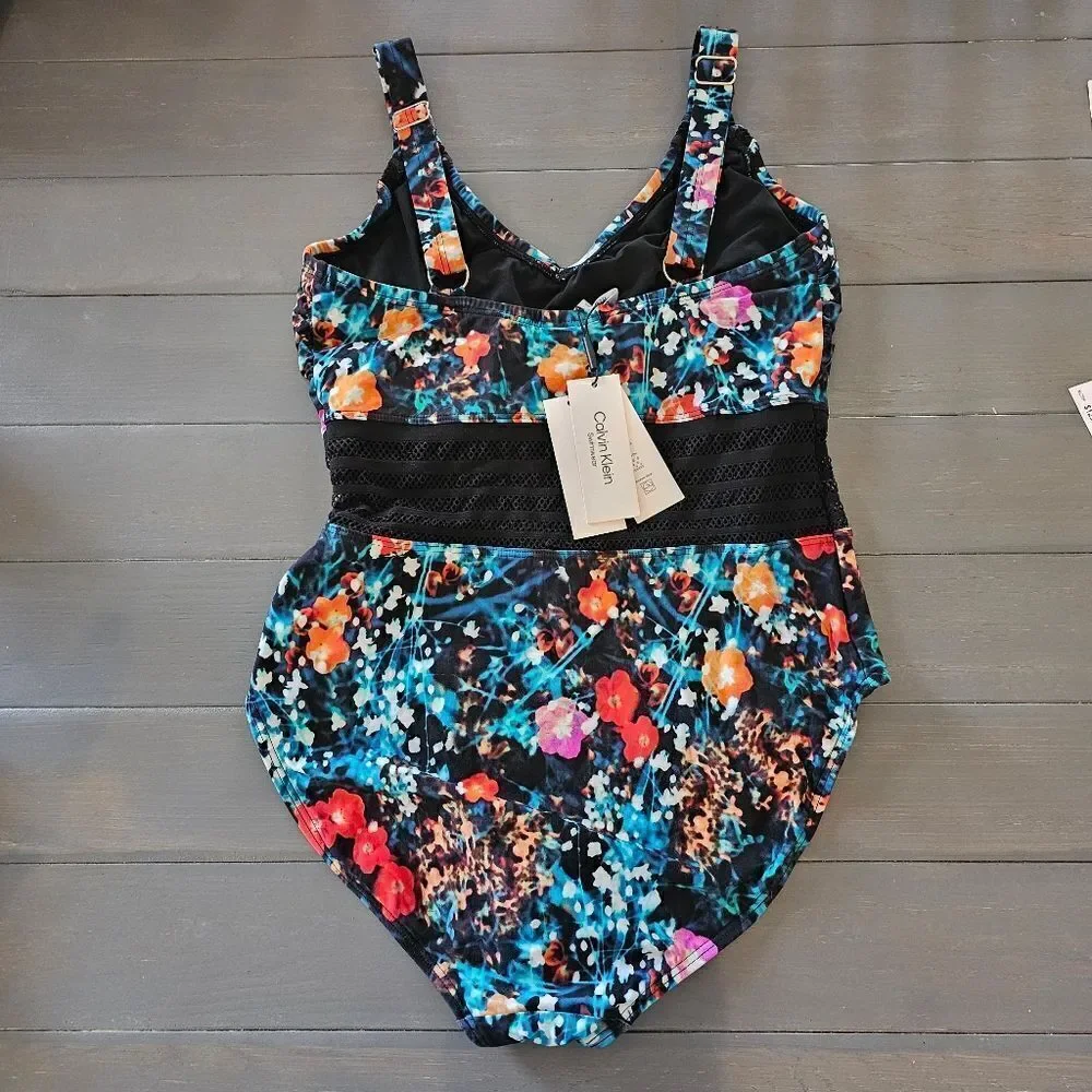 Calvin Klein Women's Floral Poppy Mesh Inset Panel One Piece Swimsuit Size 14